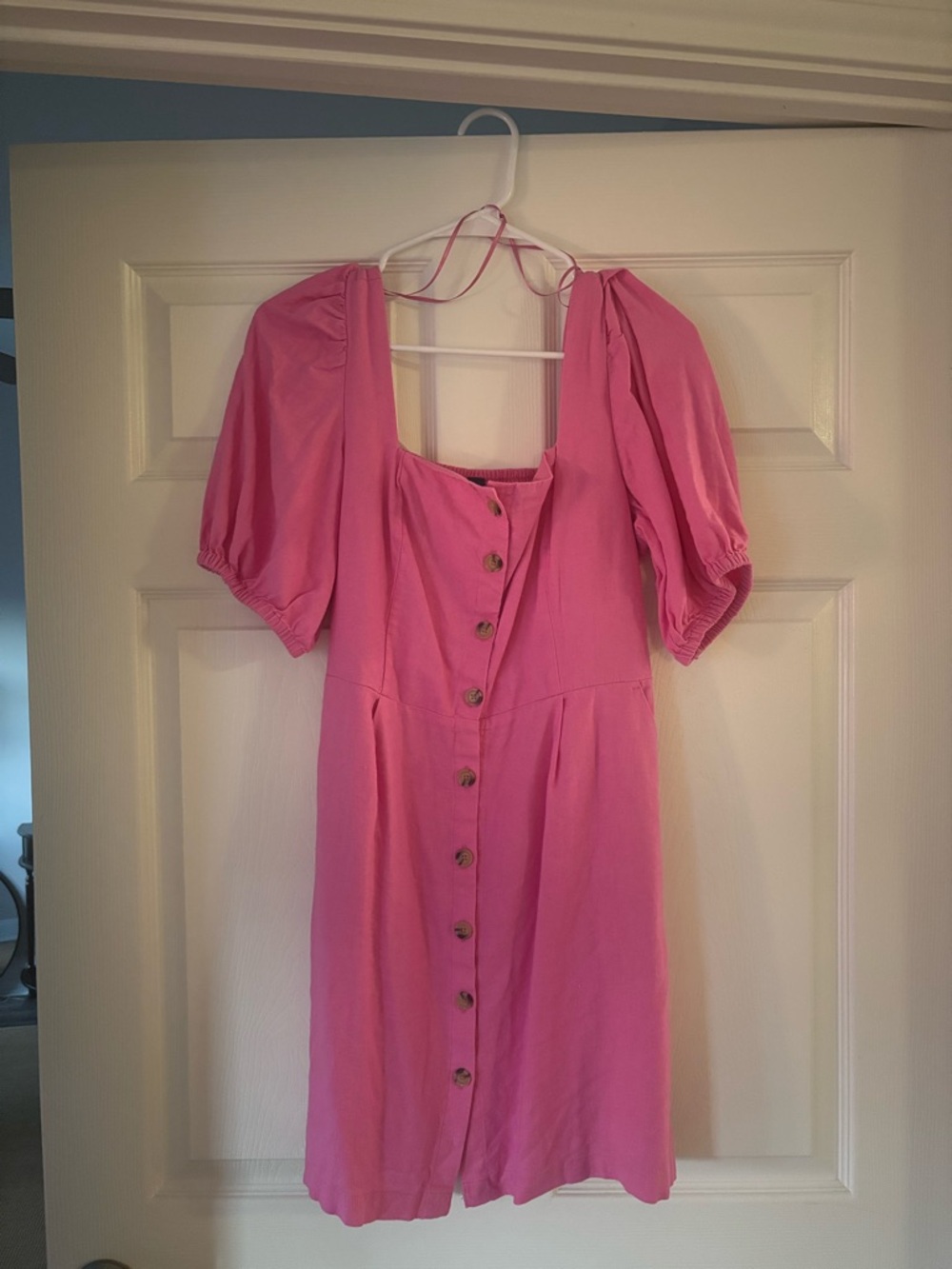 Old Navy Hot Pink Puff-Sleeve Button-Front Mini Dress
